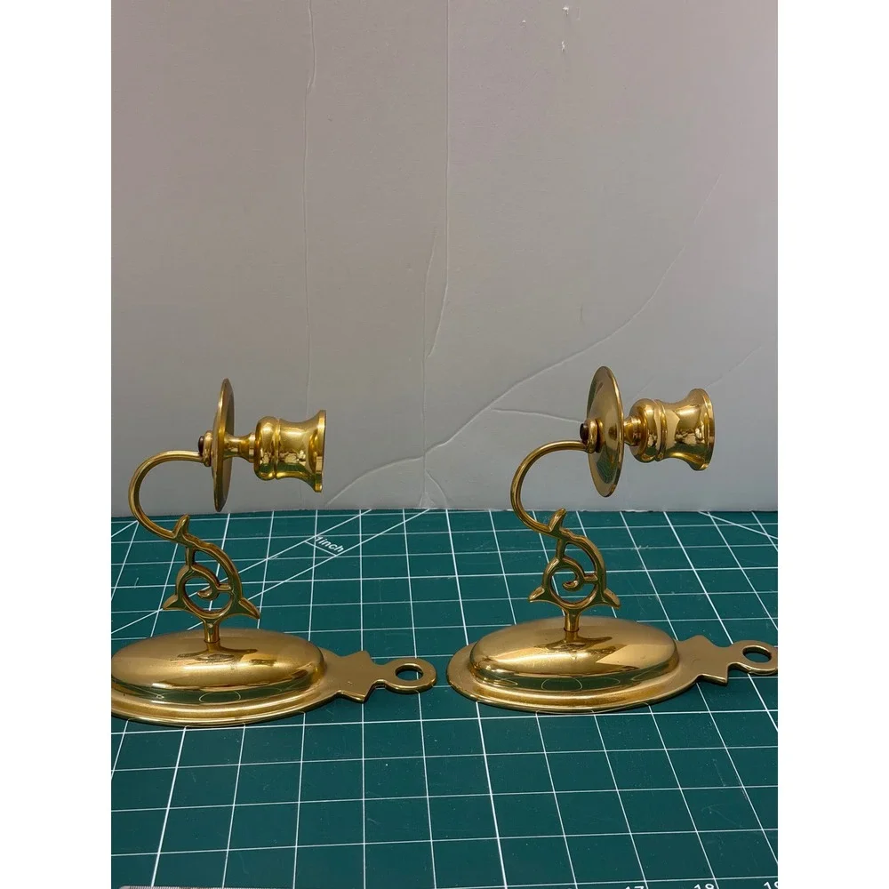 Vintage Solid Brass Wall Sconce‎ Candle Holders Pair Oval Polished Gold Tone 7